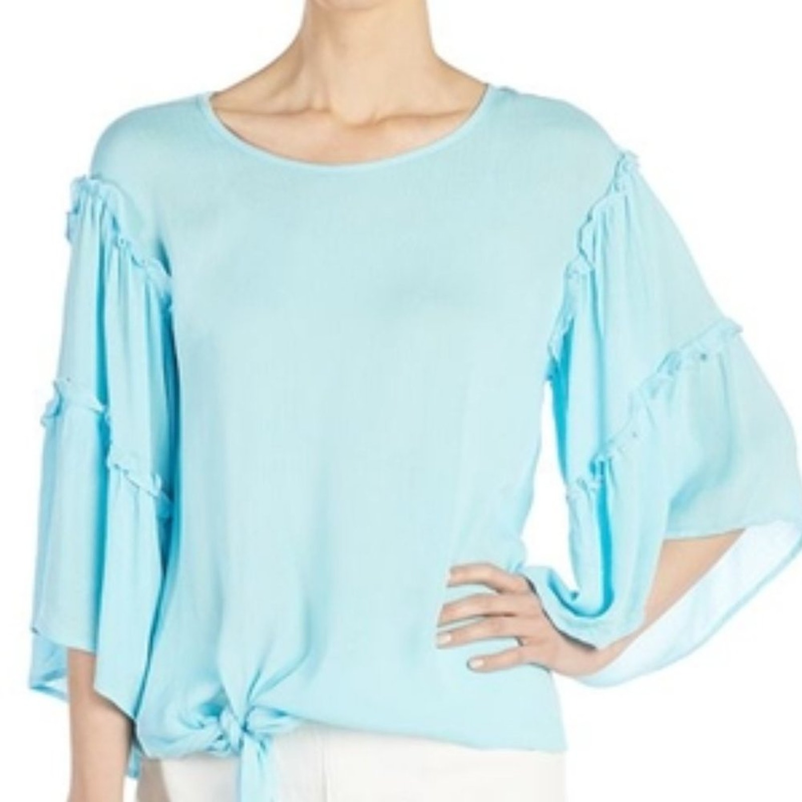 Aquamarine Blue Ruffle Sleeve Tie Front Blouse Small Medium